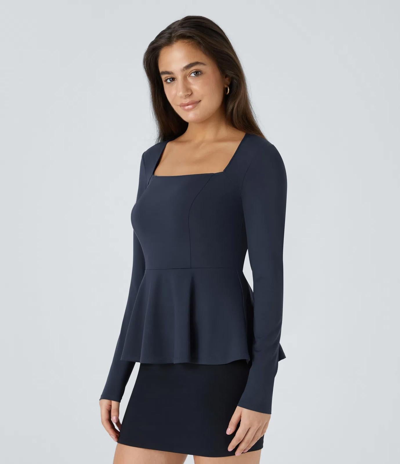 NWT Halara Square Neck Long Sleeve Ruffle Hem Work Top Dark Sapphire M