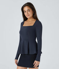 NWT Halara Square Neck Long Sleeve Ruffle Hem Work Top Dark Sapphire M