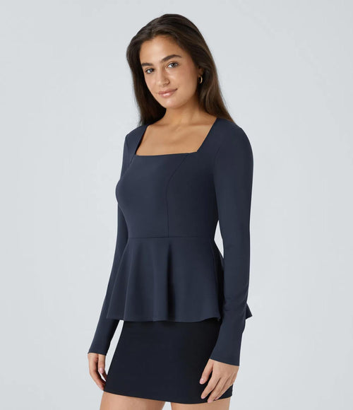 NWT Halara Square Neck Long Sleeve Ruffle Hem Work Top Dark Sapphire M