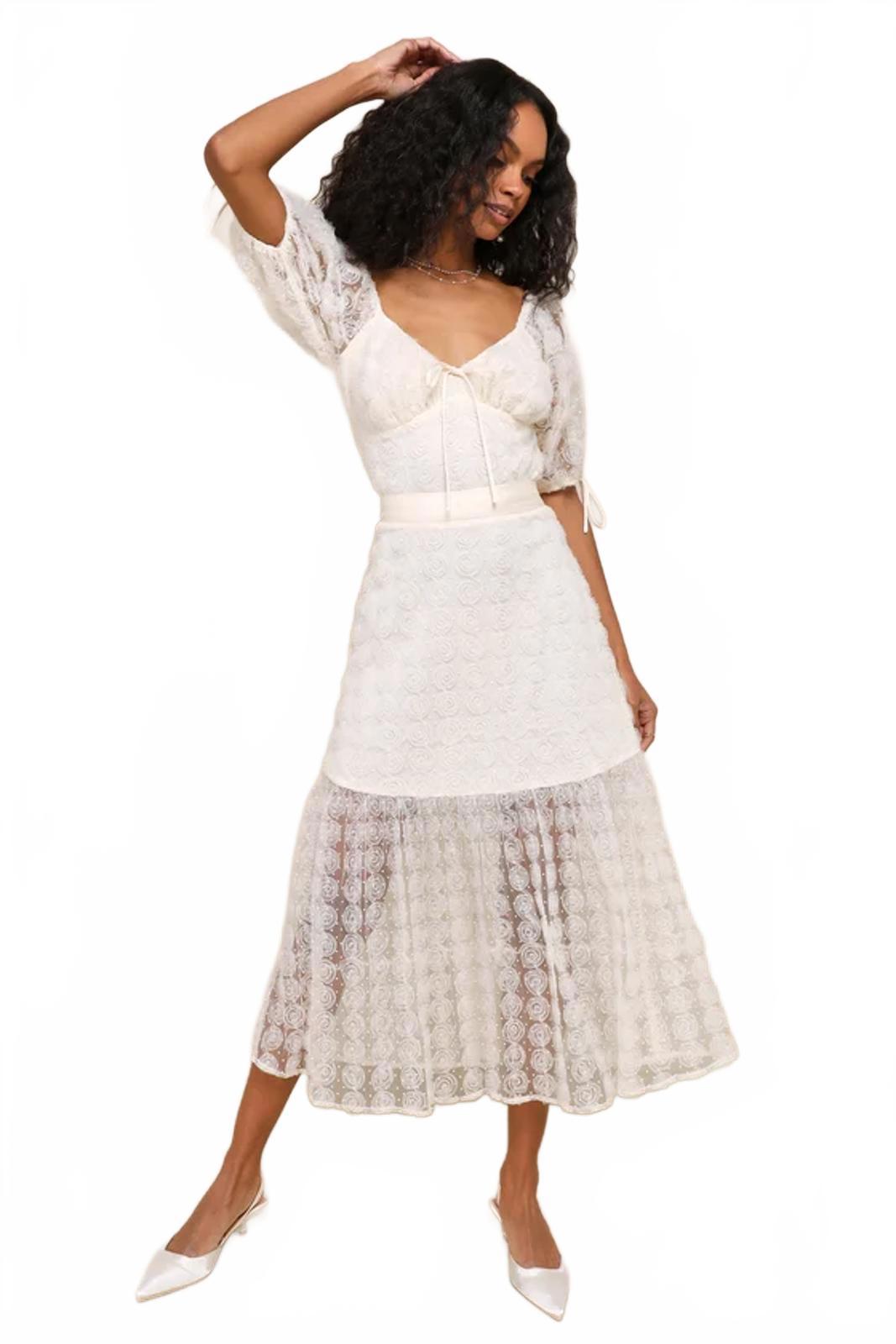 NWT Lulus Ideal Adoration Cream Tulle Swiss Dot Rosette Midi Skirt Size S