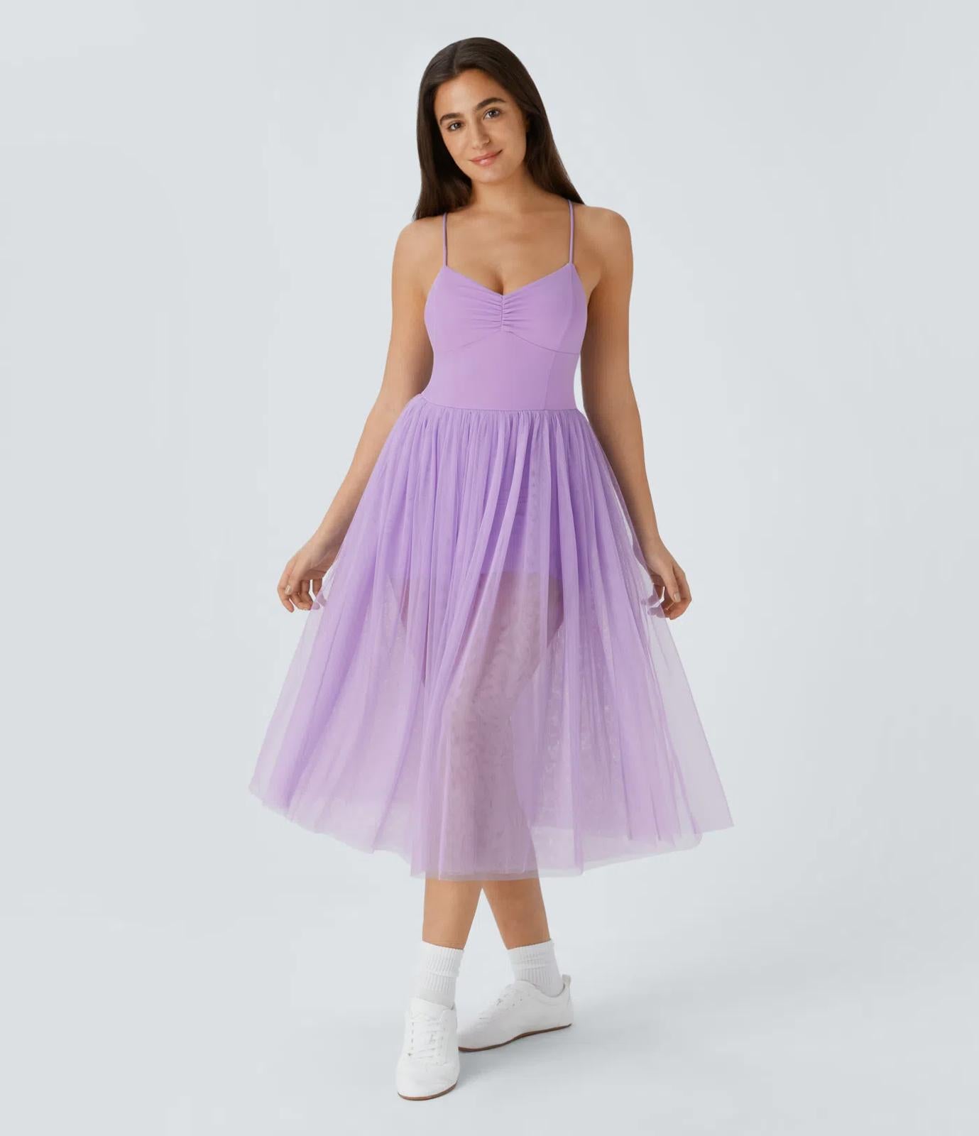 NWT Halara V Neck Ruched Lace Up Contrast Mesh Midi Casual Dress Orchi – Bralissa