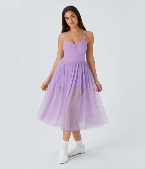 NWT Halara V Neck Ruched Lace Up Contrast Mesh Midi Casual Dress Orchid Bloom L