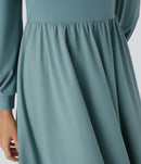 NWT Halara V Neck Bishop Long Sleeve Flare Midi Casual Dress Stone Blue Size L