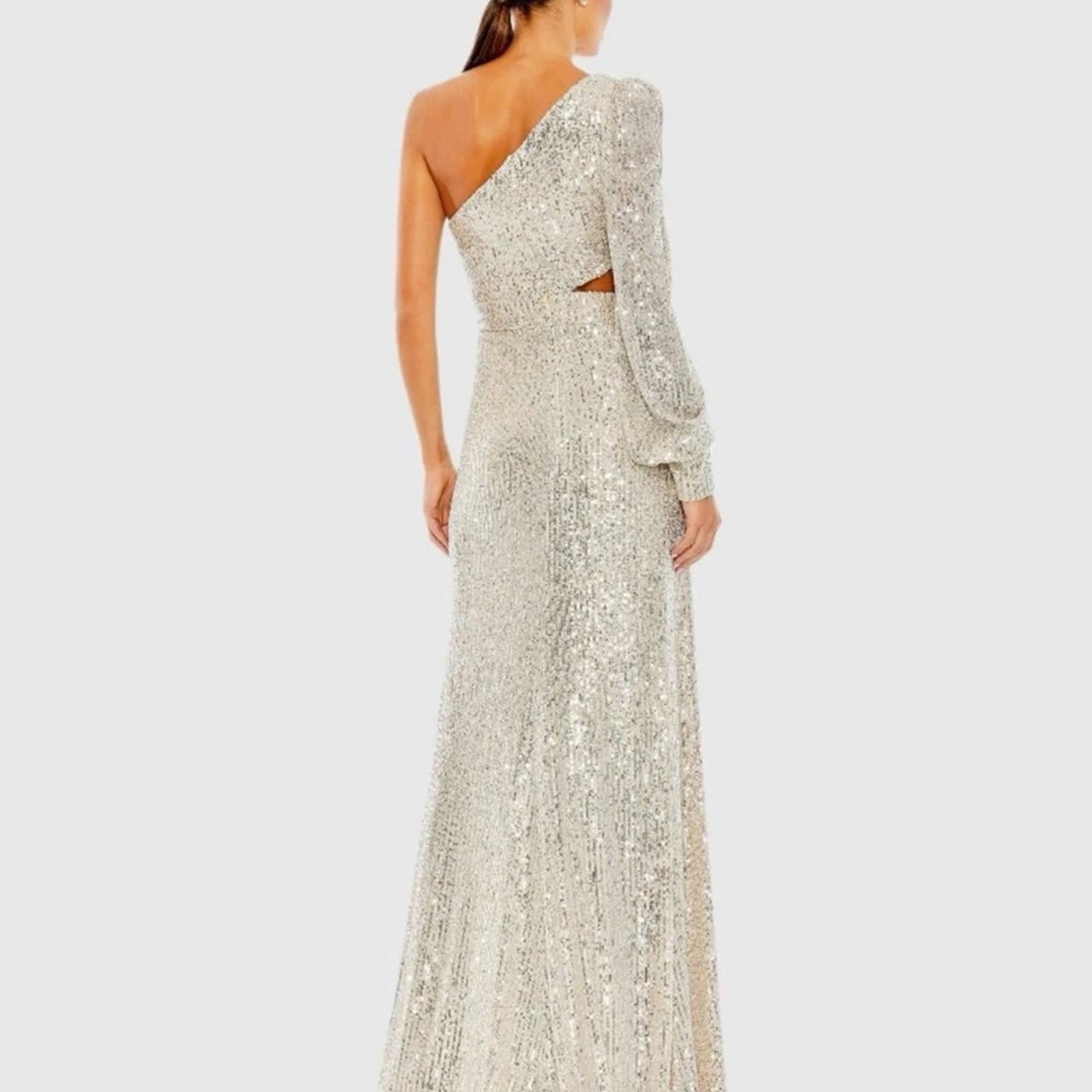Mac Duggal Formal Silver Sequined One Shoulder Cut Out Gown Size 10 $298 NWT
