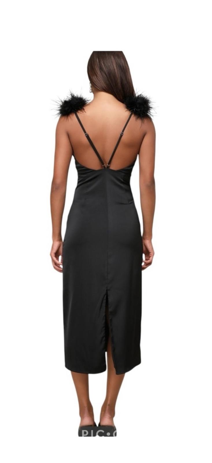 NWT Lulus Exquisite Invite Black Satin Feather Backless Midi Size XS