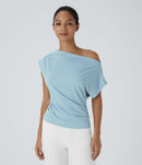 NWT Halara Off Shoulder Short Sleeve Ruched Casual Top Corydalis Blue XL
