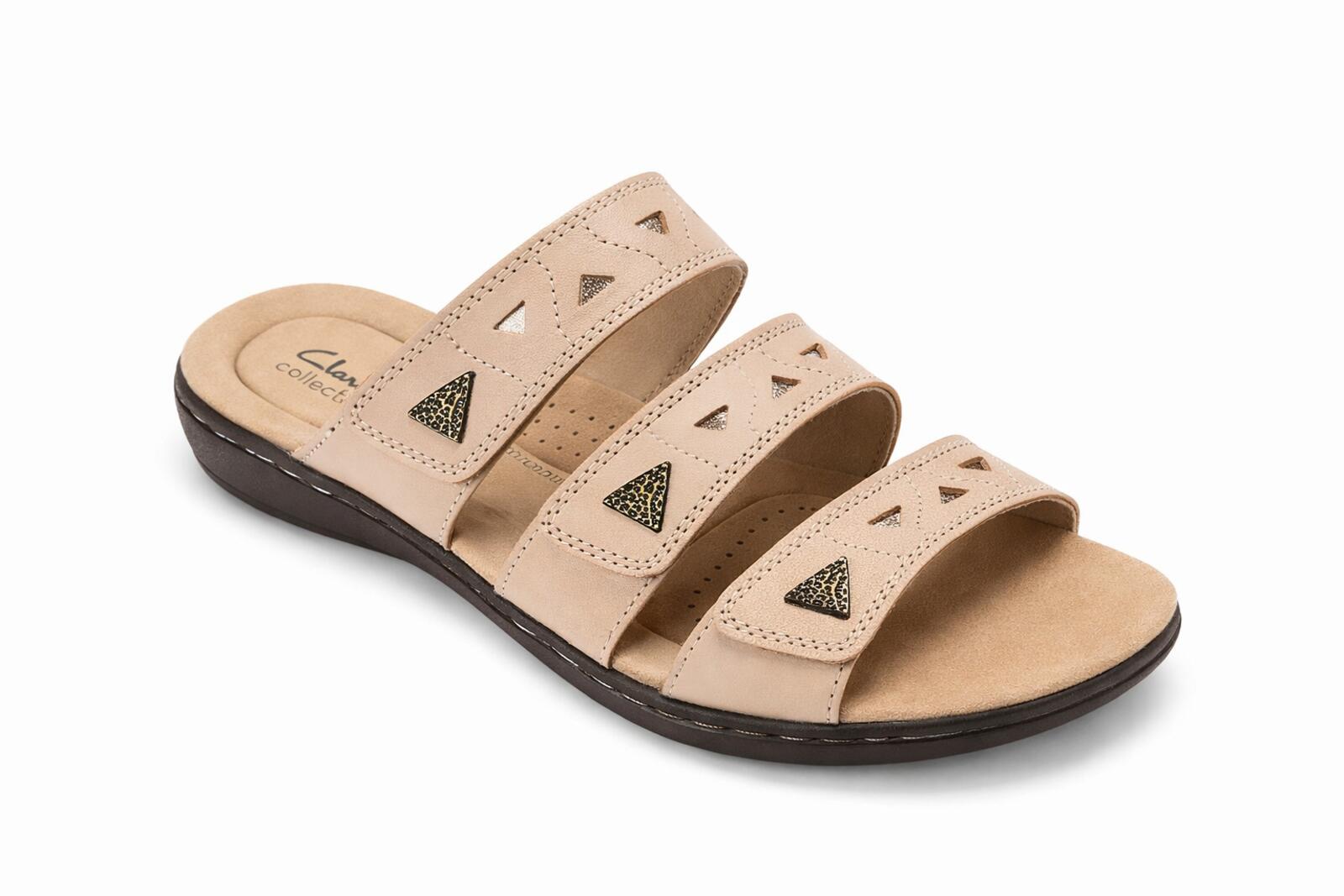 Clarks Laurieann Nora Sand Leather Slide Sandals US 12W Wide Comfort Slip-On NWB