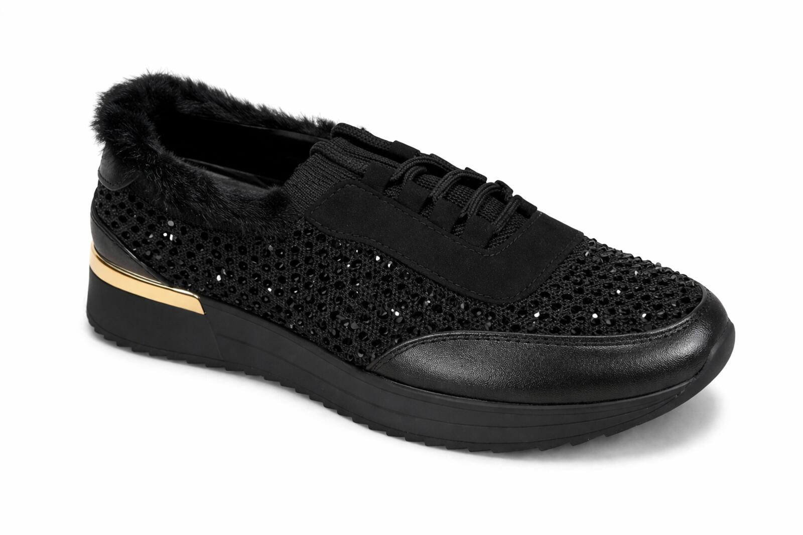 Kenneth Cole Reaction Black Cari Faux Fur Jewel Jogger Sneakers US 6M NWB