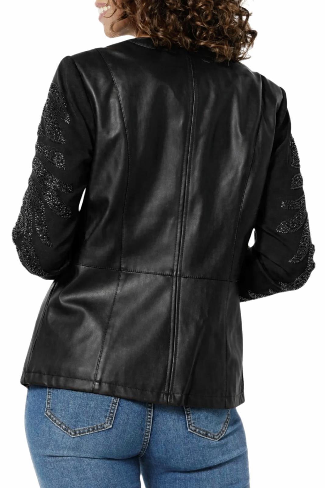 NWT Colleen Lopez Black Beaded Mesh Sleeve Faux Leather Moto Jacket Size Medium