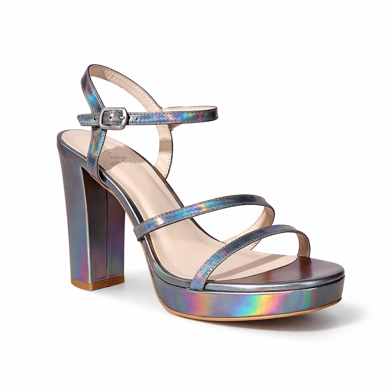 Halston Pewter Iridescent Platform Block Heel Sandals Ankle Strap Size 8.5 NWB