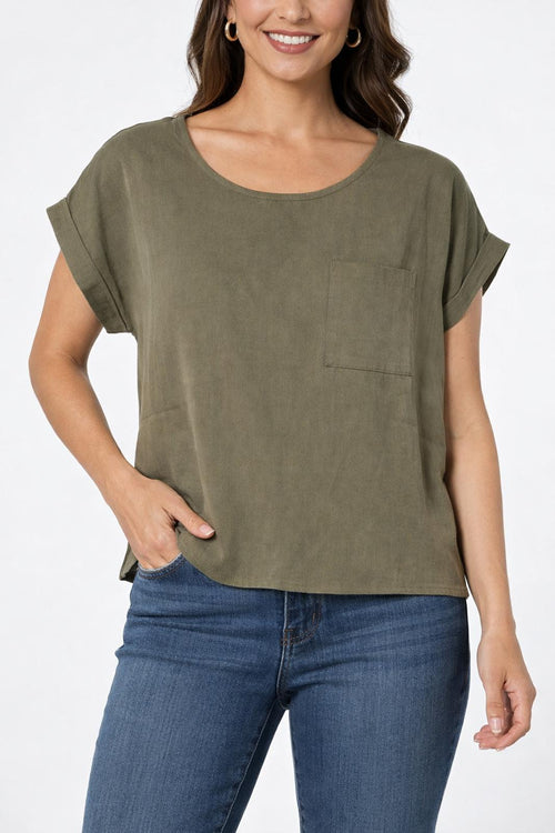 NWT Six/Fifty Olive Short Sleeve Pocket Back Blouse Size XS