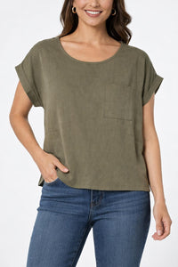 NWT Six/Fifty Olive Short Sleeve Pocket Back Blouse Size Medium