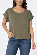 NWT Six/Fifty Olive Short Sleeve Pocket Back Blouse Size Large