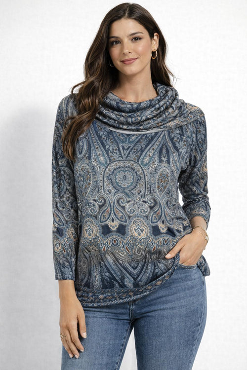 NWT One World Women’s Blue Paisley Cowl Neck Top Size Small