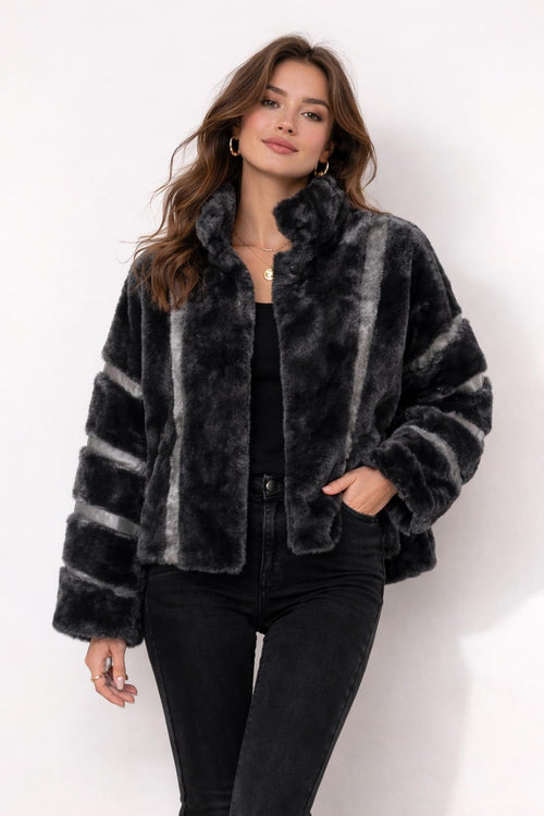 Colleen Lopez Black Faux Fur Jacket Cropped Plush Coat Size XXS