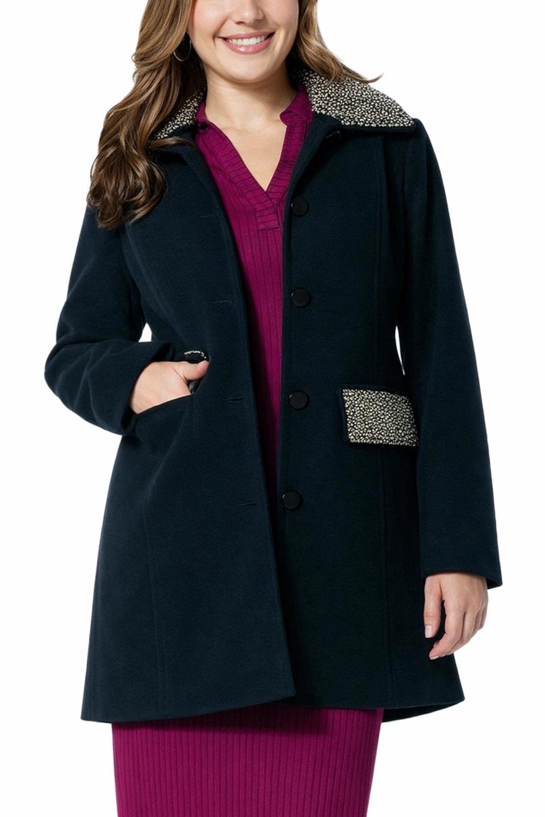 NWT Colleen Lopez Womens Faux Wool Coat Black Removable Collar Size Small