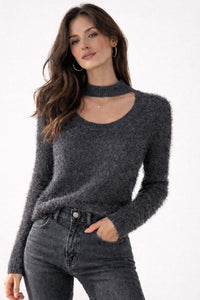 G by Giuliana Fuzzy Knit Scoop Neck Sweater Mock Turtleneck Detail Black M
