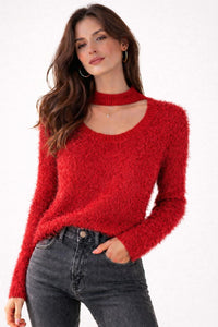 G by Giuliana Fuzzy Knit Scoop Neck Sweater Mock Turtleneck Detail Red Size M