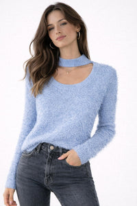 G by Giuliana Fuzzy Knit Scoop Neck Sweater Mock Turtleneck Detail Blue XL