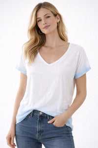 Six Fifty White Blue Dip Dye V-Neck T-Shirt 100% Cotton Short Sleeve Size XL