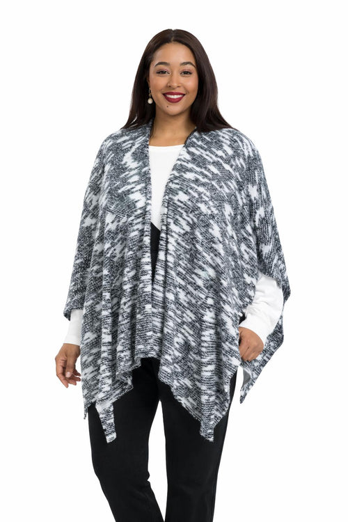 NWT Colleen Lopez Fuzzy Knit Belted Poncho Black White Open Front Size M/L