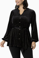 Colleen Lopez Black Velvet Studded Polka Dot Belted Peplum Top Size XXS