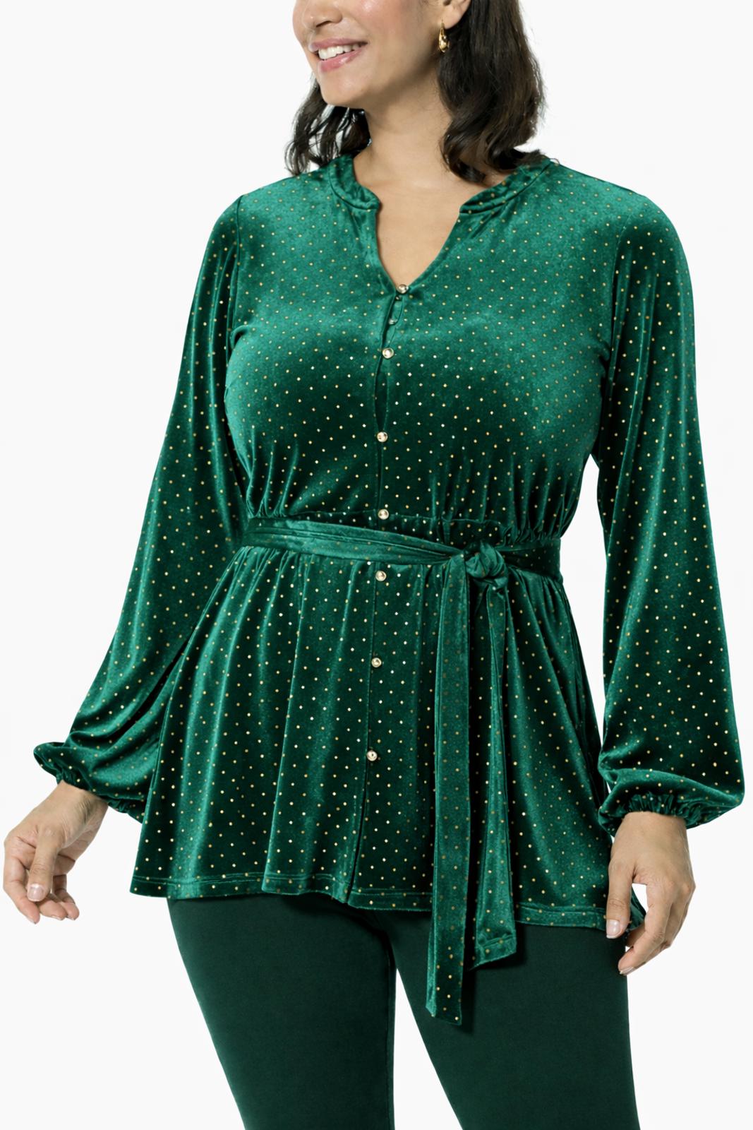 Colleen Lopez Green Velvet Studded Belted Peplum Blouse Size XXS