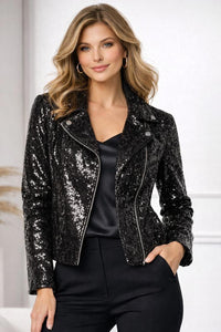 NWT Colleen Lopez Black Sequin Moto Jacket Sparkly Biker Blazer Glam Evening XS