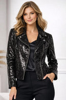 NWT Colleen Lopez Black Sequin Moto Jacket Sparkly Blazer Size XS