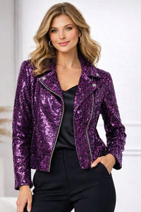 NWT Colleen Lopez Purple Sequin Moto Jacket Sparkly Evening Blazer Size XS
