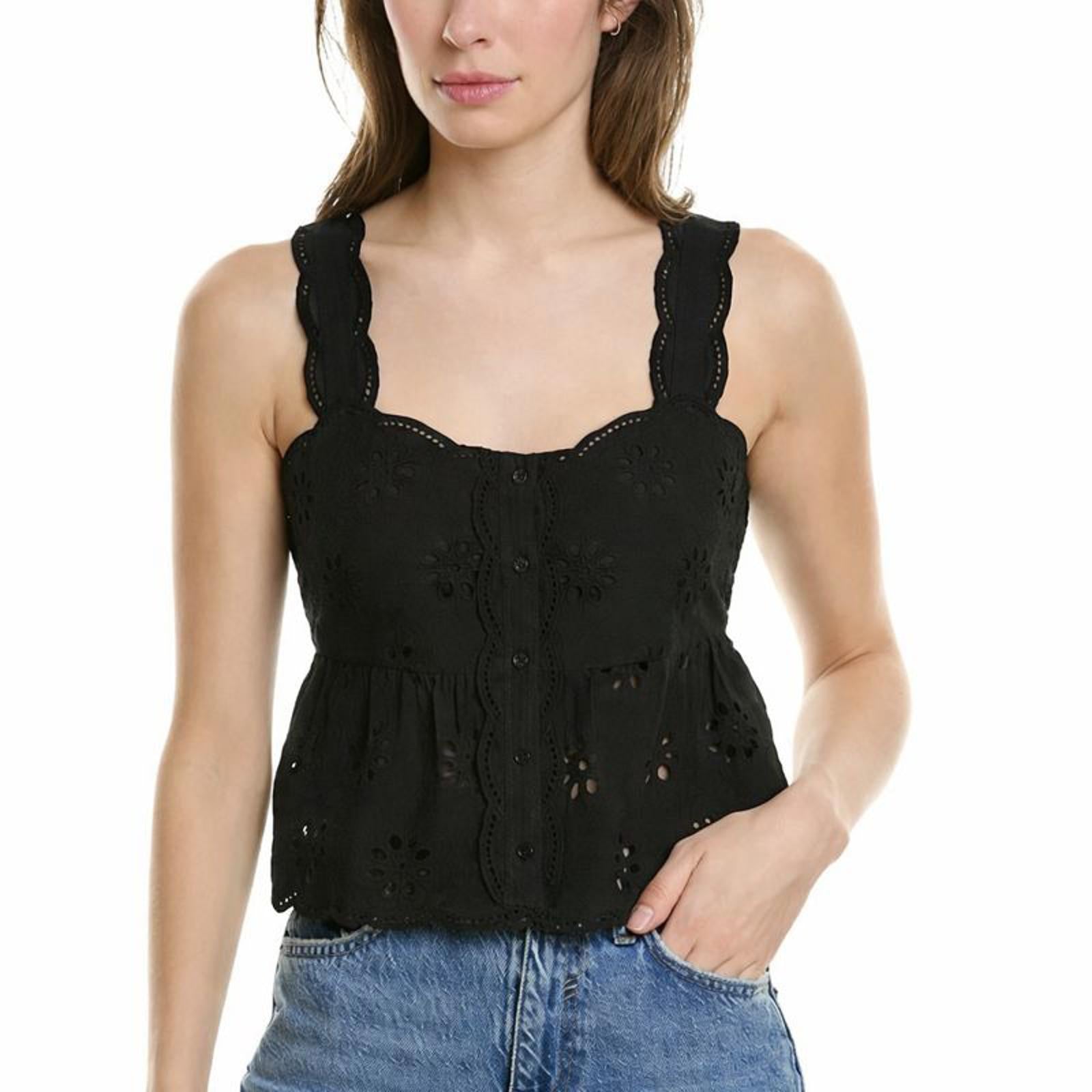 NWT The Kooples Black Embroidered Eyelet Peplum Tank FR 2 US Medium
