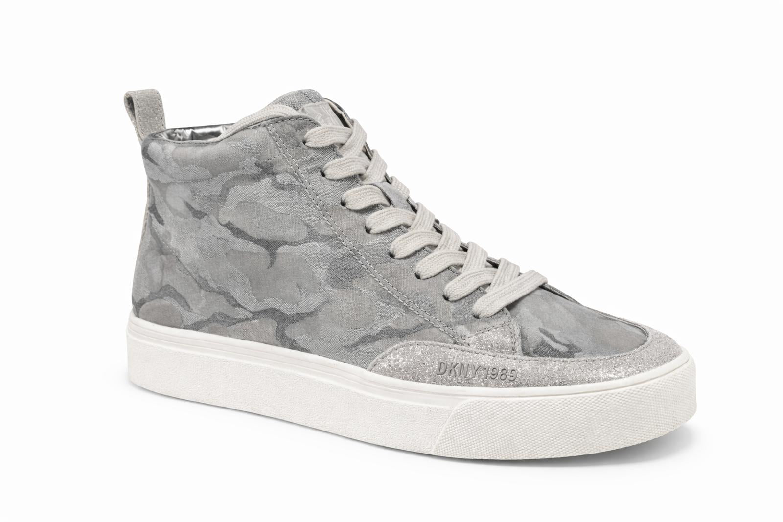 DKNY Rivka Lace-Up High Camo Canvas Silver Sneakers Women’s Size 8.5 NWB