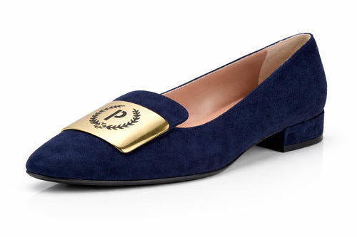 Pollini Clodette15 Oceano Navy Suede Ballerinas w/ Gold Plaque EU 35 / US 5 NWB