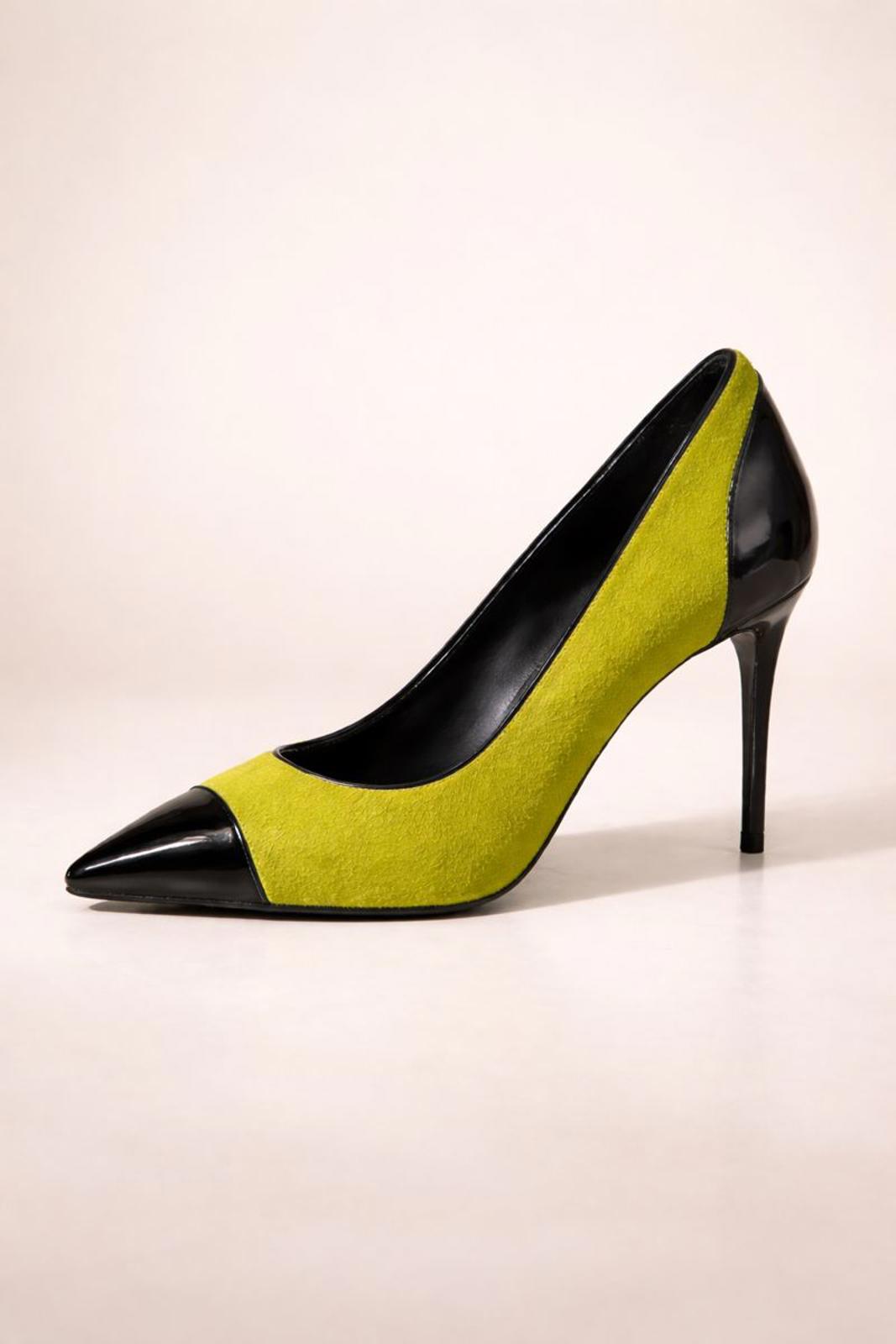Giuseppe Zanotti Lime Green NWB Suede Black Patent Cap Toe Pointed Pumps Size 5