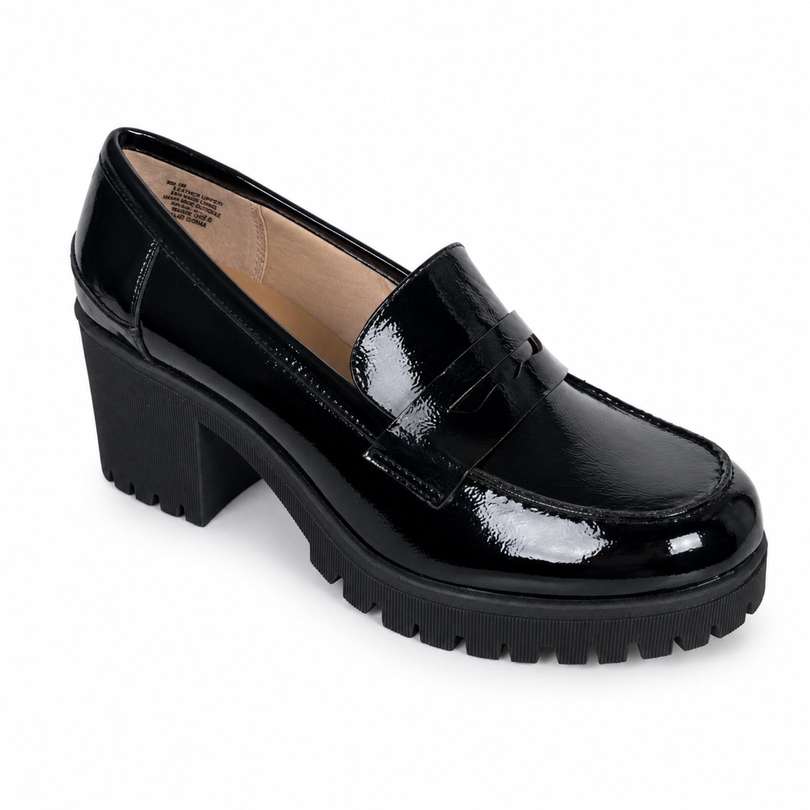 NWB Sun Stone Prescott Black Patent Lug Sole Loafer Pumps Women's Size 10