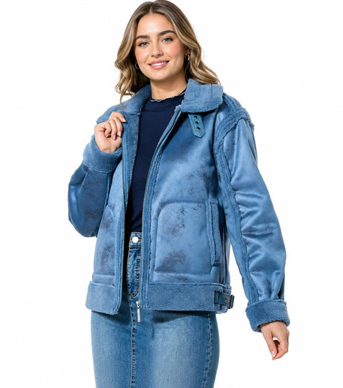 NWT G by Giuliana Faux Suede Shearling Zip Front Coat Blue Size XS