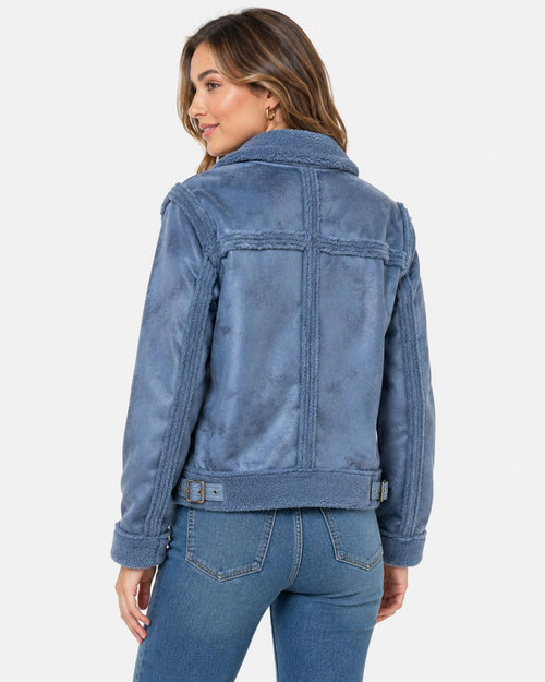 NWT G by Giuliana Faux Suede Shearling Zip Front Coat Blue Size Small