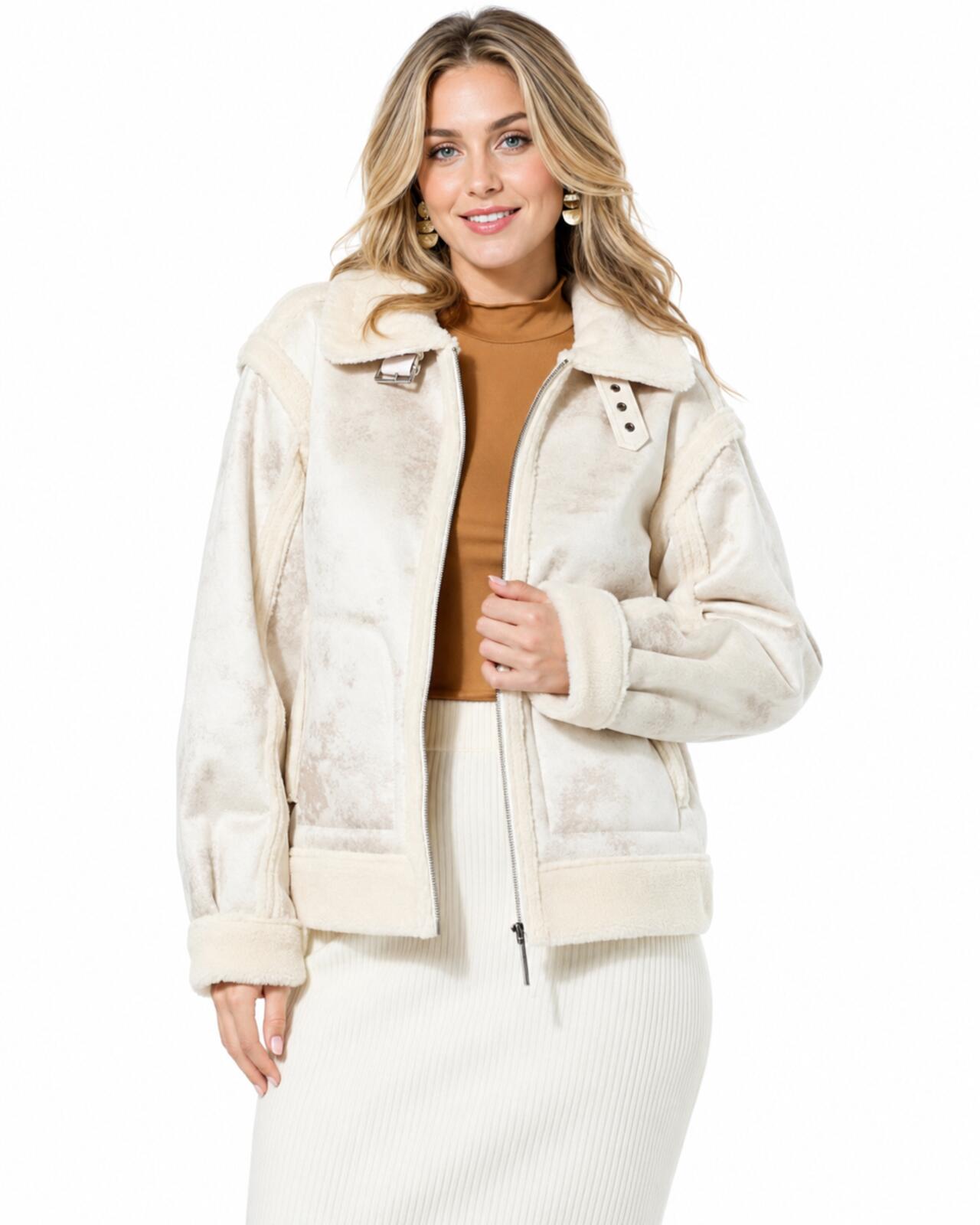NWT G by Giuliana Faux Suede Shearling Zip Front Coat White Size Medium