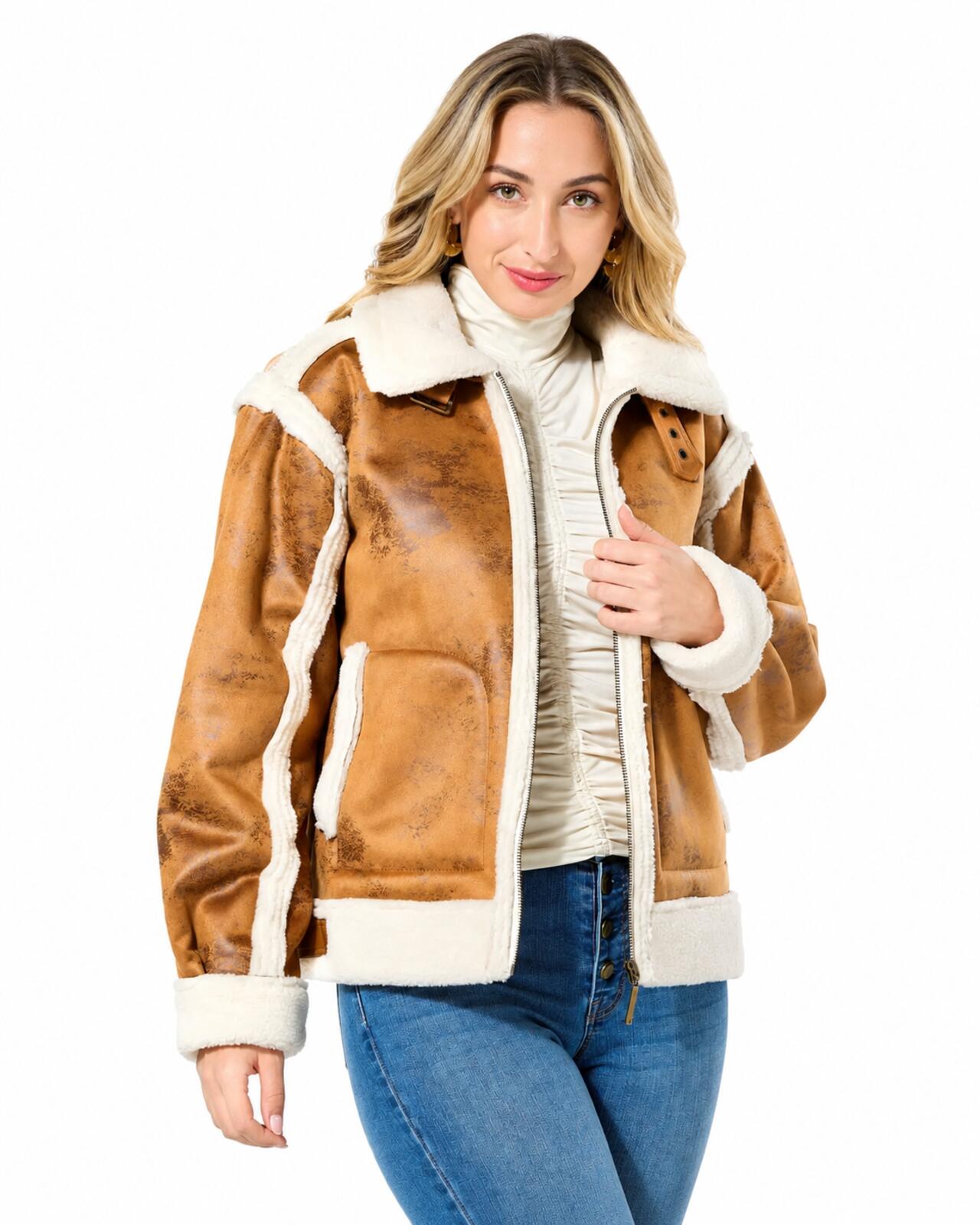 NWT G by Giuliana Faux Suede Shearling Zip Front Coat White Size XS