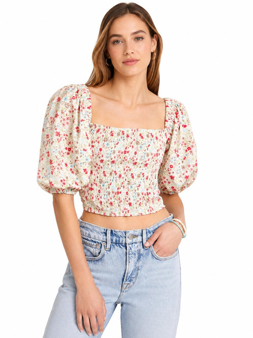 NWT Sokie Collective Floral Smocked Puff Sleeve Top Size Small