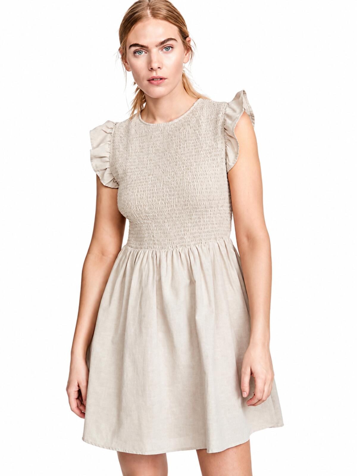 NWT English Factory Smocked Ruffle Sleeve Mini Dress Beige Size Small