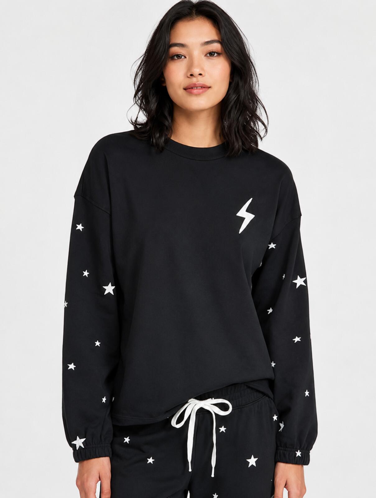 NWT PJ Salvage Daily Doodle Pullover Sweatshirt Black Lightning Star Print XS