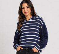 NWT Chaser Navy Stripe Blouson Sleeve Hooded Pullover Hoodie Medium