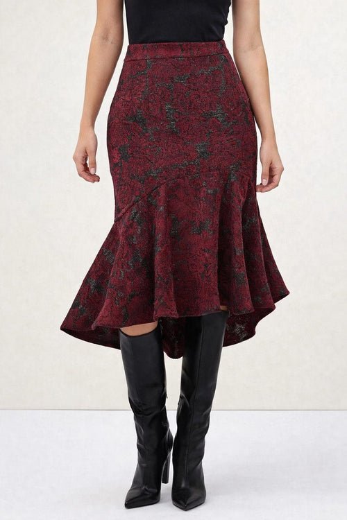 NWT Rachel Parcell Metallic Floral Jacquard Fit & Flare Skirt Deep Red Size 8