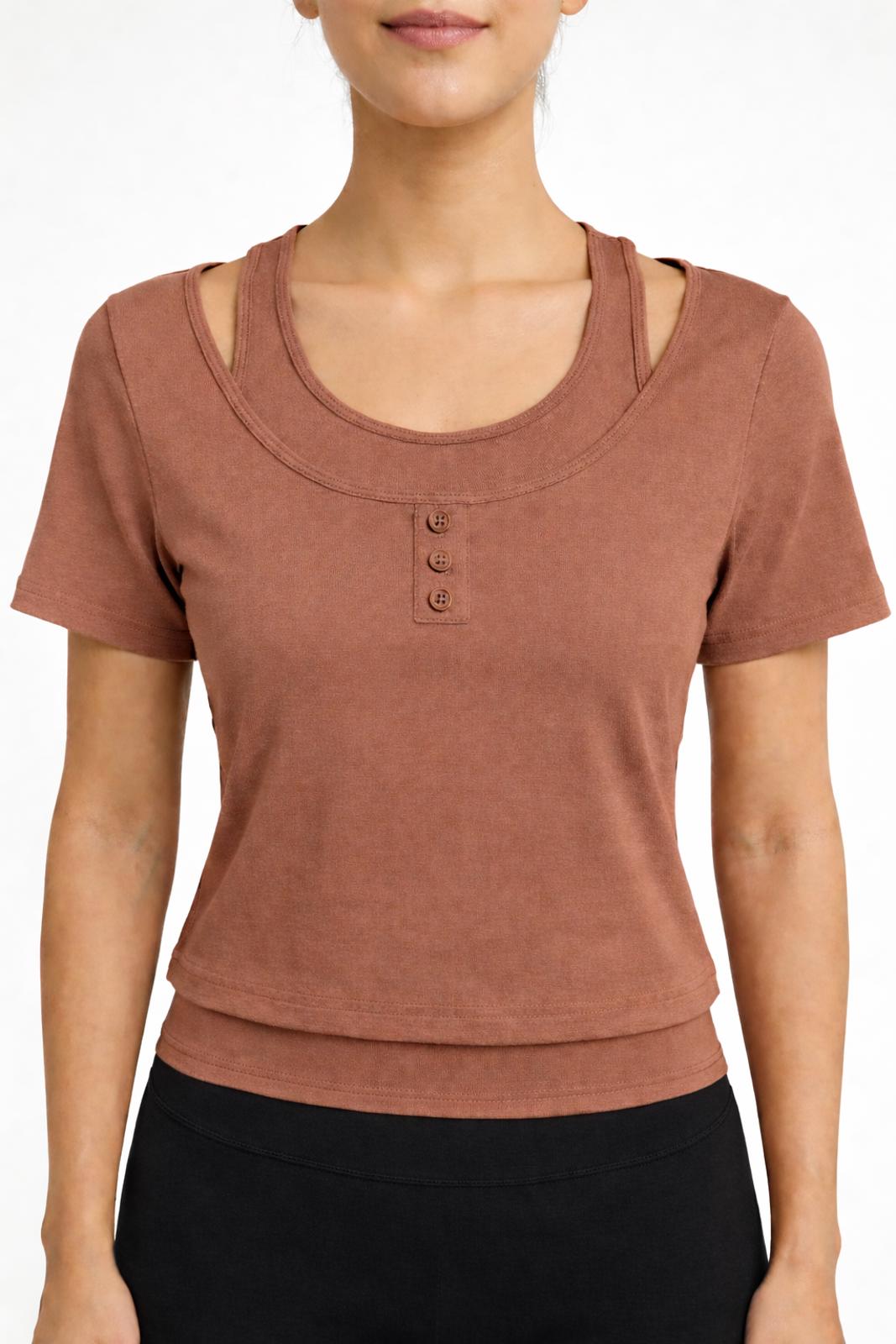 NWT Halara UltraSculpt Layered Scoop Neck Crop Tee Clay Brown Size Medium