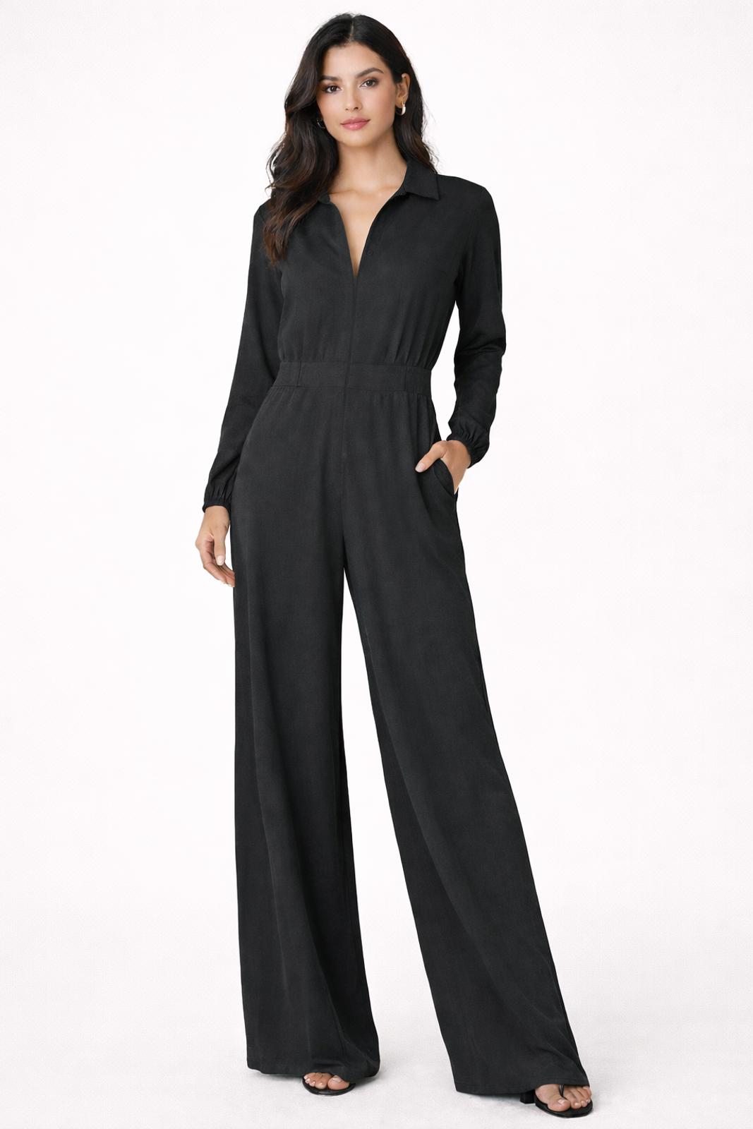 NWT Halara Collared Zip Front Wide Leg Jumpsuit Black Size Small