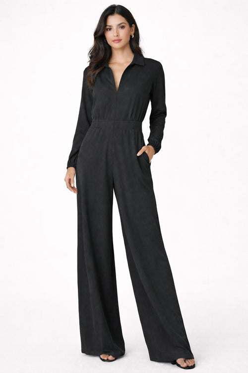 NWT Halara Collared Zip Front Wide Leg Jumpsuit Black Size Small
