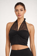 NWT Halara Black Mesh Halter Bandeau Crop Top Ruched Front Size XL