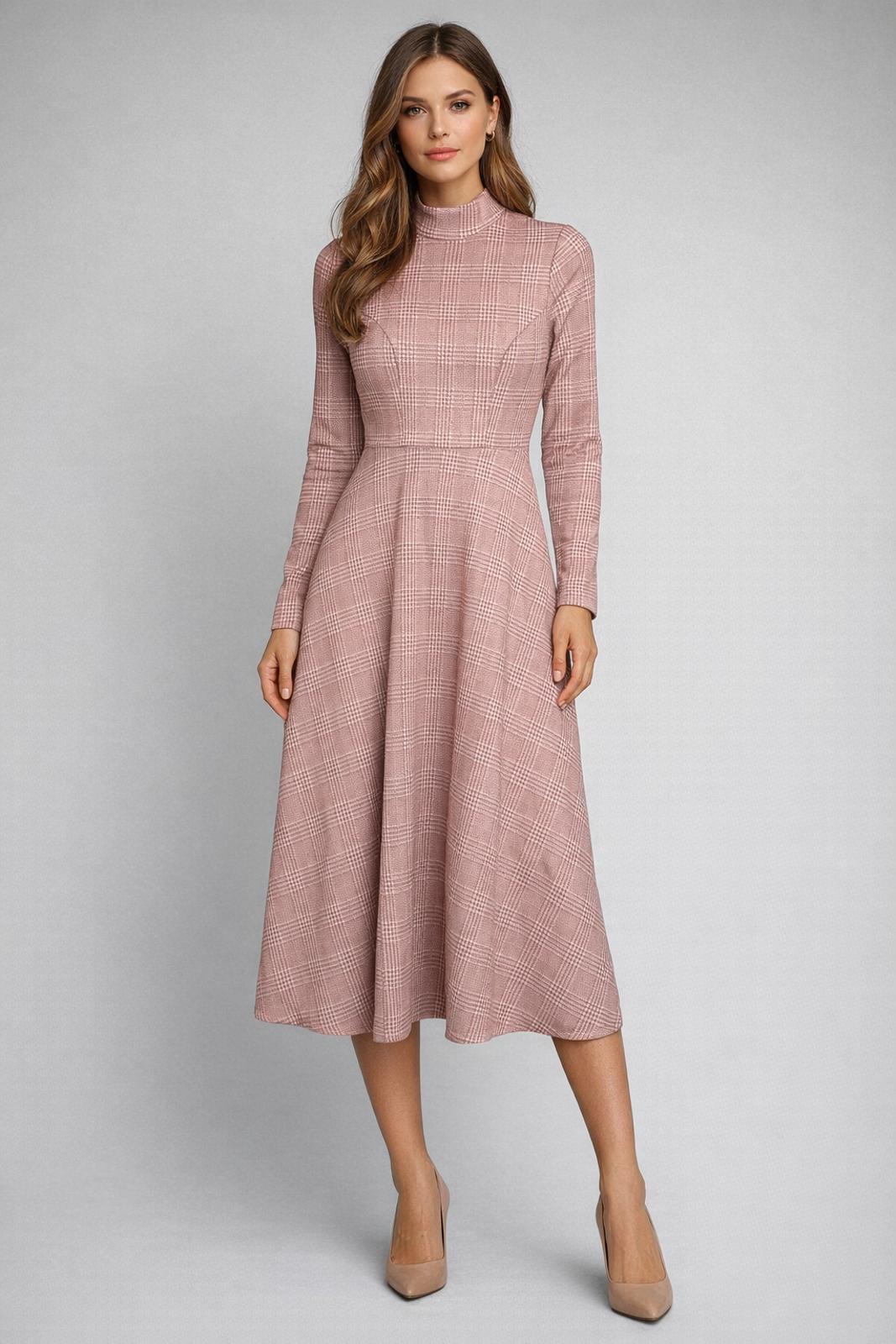 NWT Halara High Neck Houndstooth Plaid Long Sleeve Midi Work Dress Pink XS