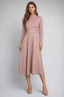 NWT Halara High Neck Houndstooth Plaid Long Sleeve Midi Work Dress Pink - Small
